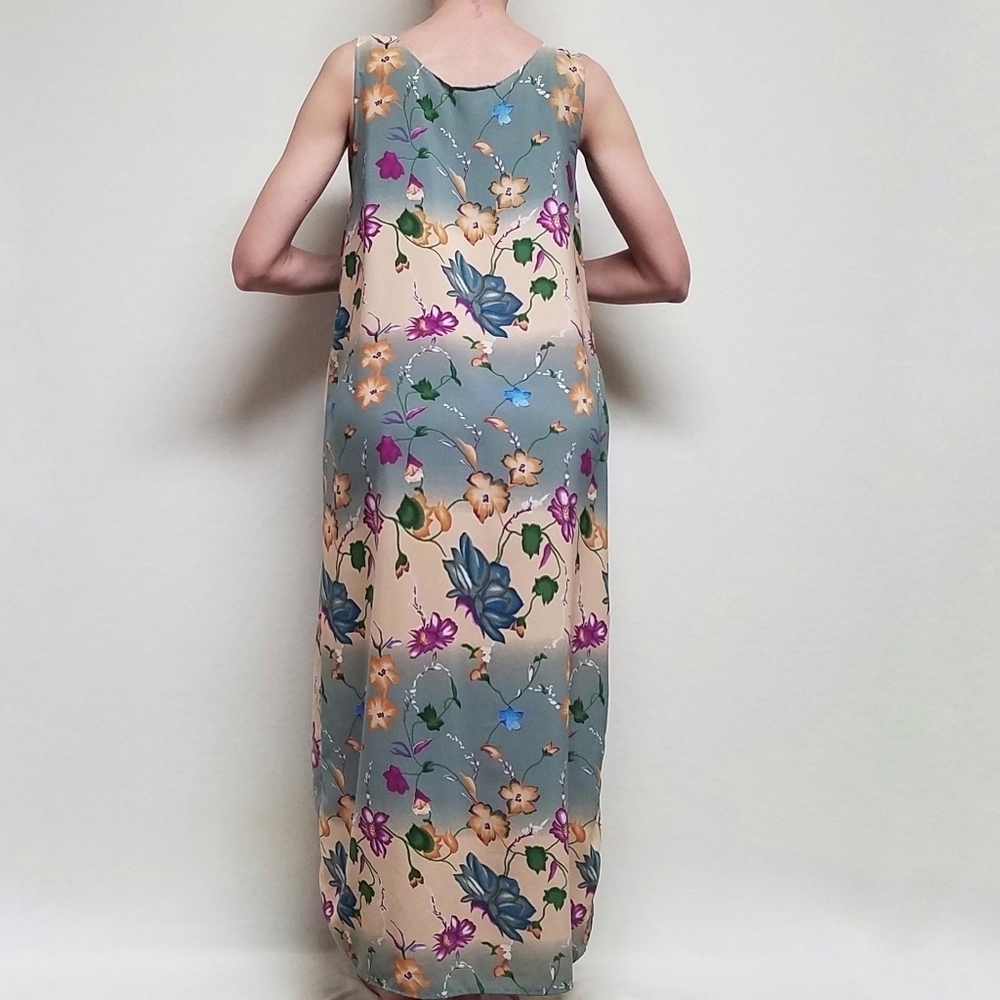 Vintage 80s Limited Apparel Blue Tropical Floral Sleeveless Maxi Shift Dress L - Picture 3 of 16